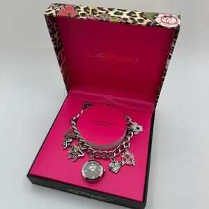 Ed Hardy Charm Bracelet Watch NIB Silver Tone Designer Y2K Gift Rocker Punk